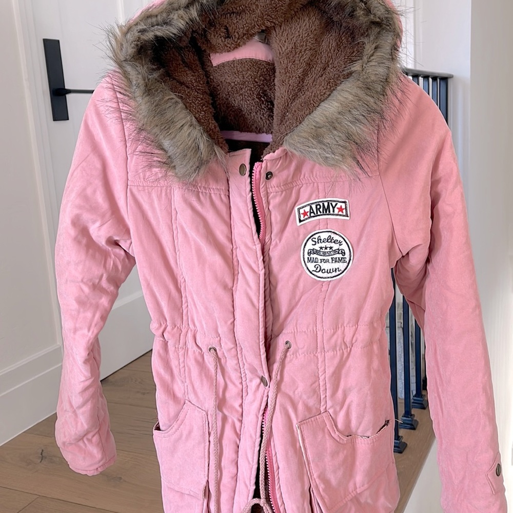 Pink coat with faux fur hood. Size small.